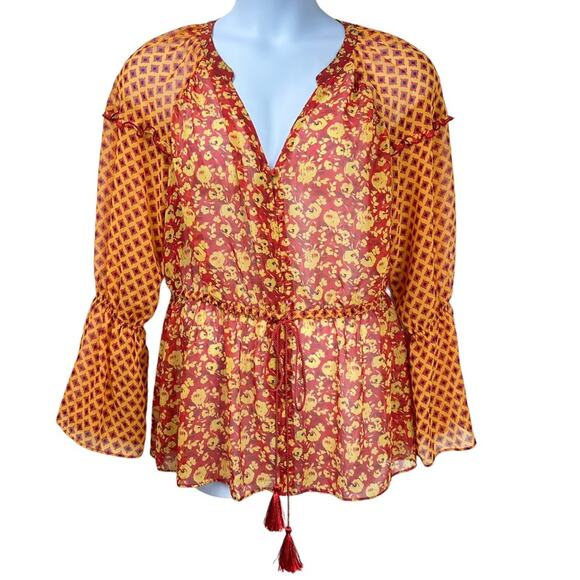 Lane Bryant Floral Ruffle Sleeve Tie Waist Boho Tunic Blouse Size 14/16 - Picture 1 of 8